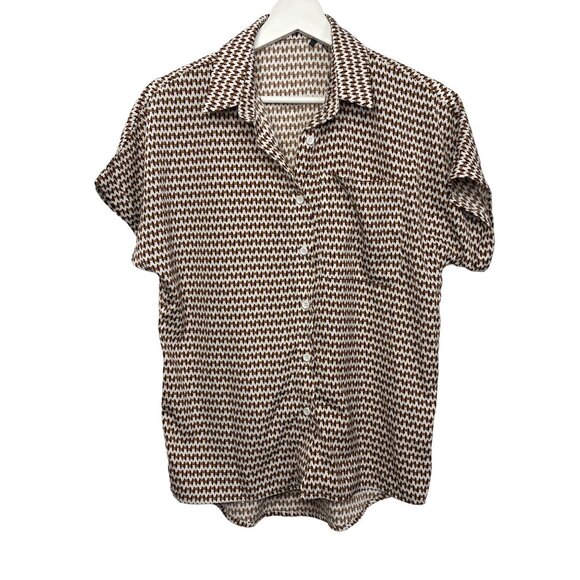 SHEIN Womens XS Brown Button Down Short Sleeve Blouse Casual Workwear - Picture 2 of 9